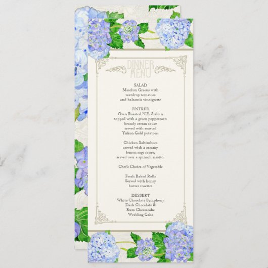 Menu Dinner - Blue Hydrangea Lace Floral Formal (Voorkant / Achterkant)