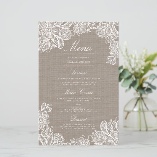 Menu Dinner Burlap en Lace Wedding (Staand voorkant)