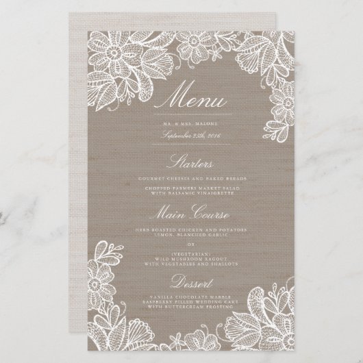 Menu Dinner Burlap en Lace Wedding (Voorkant / Achterkant)