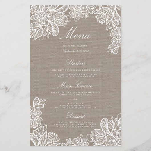 Menu Dinner Burlap en Lace Wedding (Voorkant)