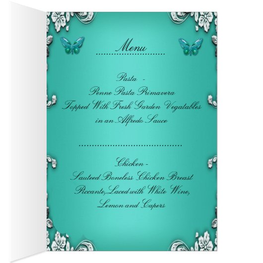 Menu Dinner Kaart Silver Blauwgroen Blue Butterfly (Binnen (Rechts))