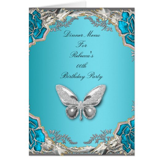 Menu Dinner Kaart Silver Blue Butterfly (Voorkant)
