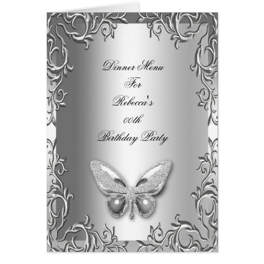 Menu Dinner Kaart Silver Grey Butterfly Floral (Voorkant)