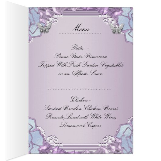 Menu Dinner Kaart Silver Lila Mauve Butterfly (Binnen (Rechts))