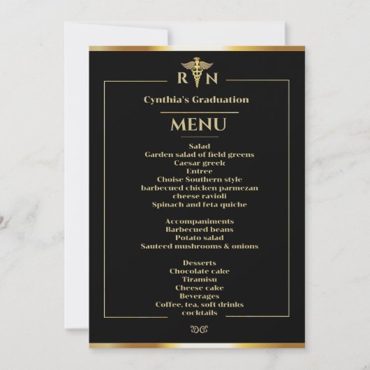 Menu Dinner van zwart-wit en Gold Medical Afstuder Kaart (Voorkant)