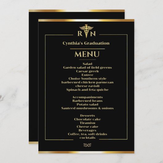 Menu Dinner van zwart-wit en Gold Medical Afstuder Kaart (Voorkant / Achterkant)