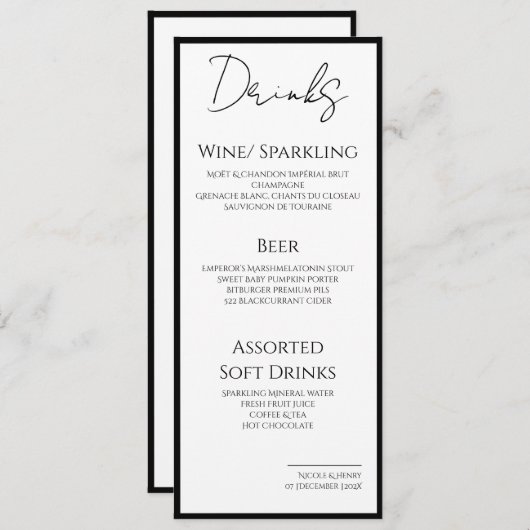 Menú Drinks Minimal Bordes Negros Boda Elegante  Menu (Voorkant / Achterkant)