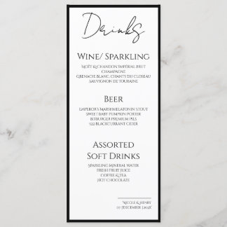 Menú Drinks Minimal Bordes Negros Boda Elegante  Menu