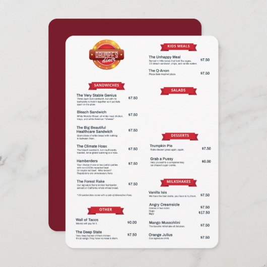 Menu "Drumpf's Diner" (Voorkant / Achterkant)