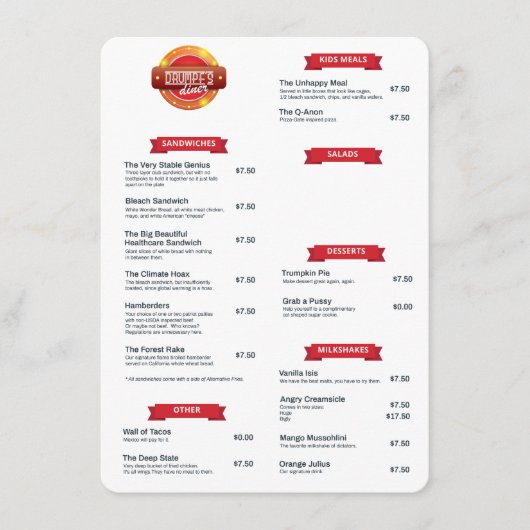 Menu "Drumpf's Diner" (Voorkant)