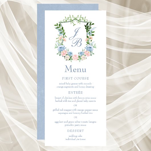 Menu Dusty Blue Floral Crest Wedding