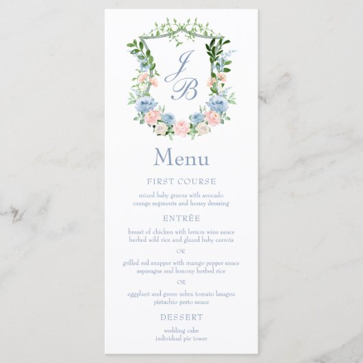 Menu Dusty Blue Floral Crest Wedding (Voorkant)