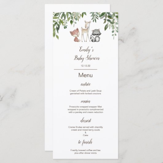 Menu Editable, Baby shower Woodland (Voorkant / Achterkant)