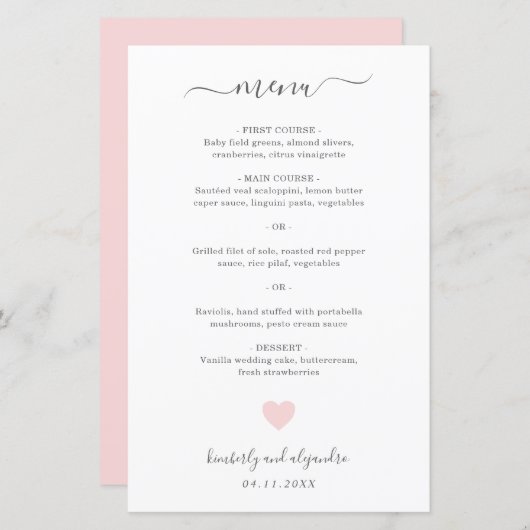 Menu Eenvoudig bruiloft in Cute Pink Heart (Voorkant / Achterkant)