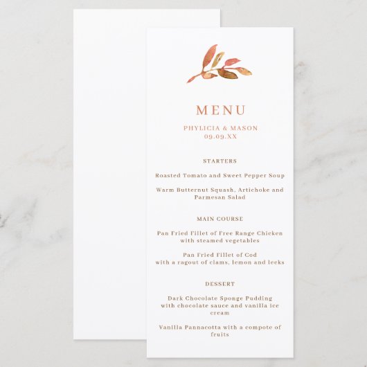 Menu Elegant Autumn Leaf Fall Wedding (Voorkant / Achterkant)