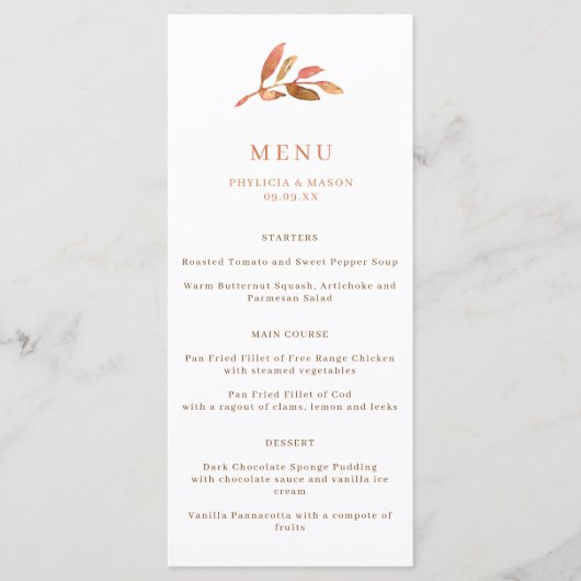 Menu Elegant Autumn Leaf Fall Wedding (Voorkant)