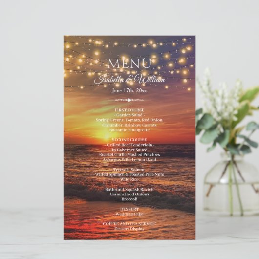 Menu Elegant Beach String Lights Summer Wedding (Staand voorkant)