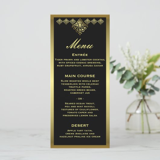 Menu Elegant Black and Gold Wedding Reception (Staand voorkant)