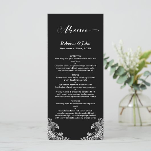 Menu Elegant Black and White Lace Wedding (Staand voorkant)