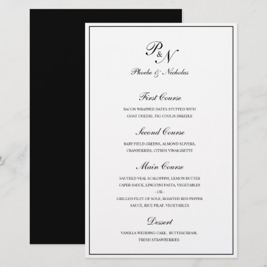 Menu Elegant Black and White Monogram Wedding (Voorkant / Achterkant)