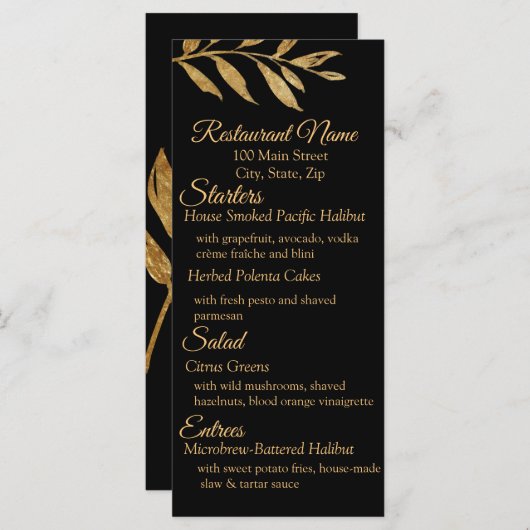 Menu Elegant Black en Gold Leaves (Voorkant / Achterkant)
