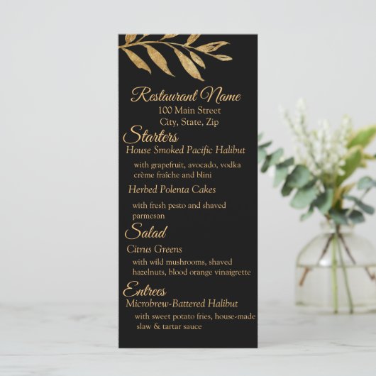 Menu Elegant Black en Gold Leaves (Staand voorkant)