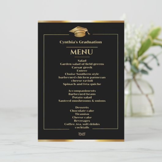 Menu Elegant Black & Gold Afstuderen Kaart (Staand voorkant)