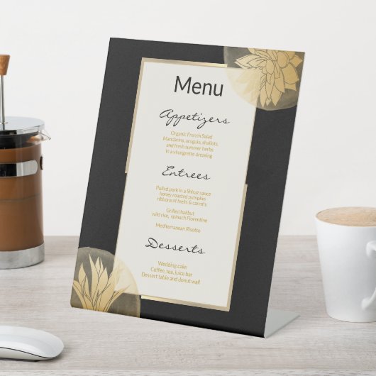 Menu Elegant Black Gold Floral Wedding Reclamebord Met Voetstuk (Insitu)