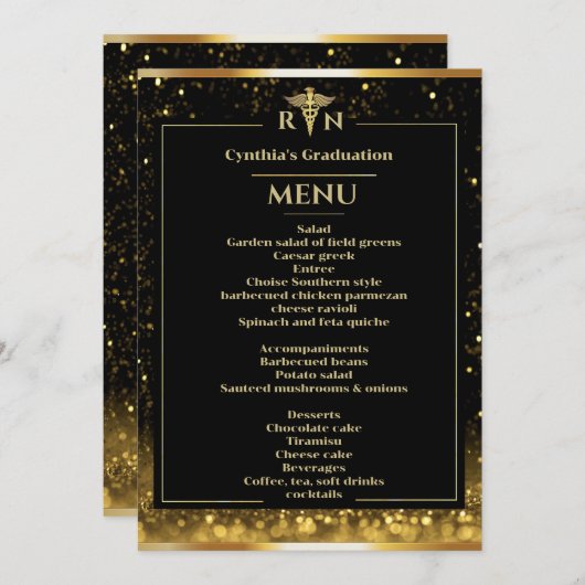 Menu Elegant Black Gold Medical Afstuderen Kaart (Voorkant / Achterkant)