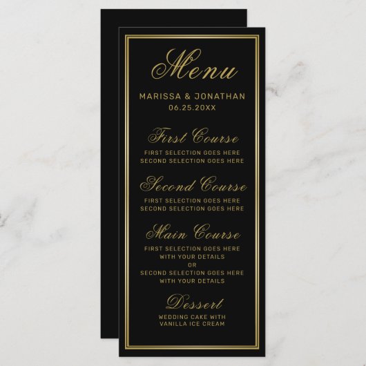 Menu Elegant Black Gold Script Chic Wedding (Voorkant / Achterkant)