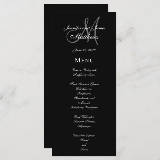 Menu Elegant Black Grey Monogram Script Weddenscha (Voorkant / Achterkant)