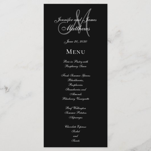 Menu Elegant Black Grey Monogram Script Weddenscha (Voorkant)
