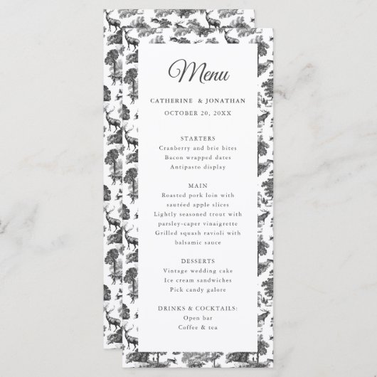 Menu Elegant  Black White Toile Deer (Voorkant / Achterkant)