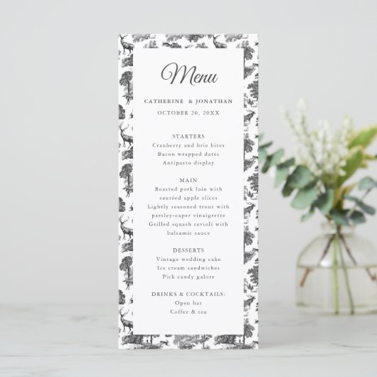 Menu Elegant  Black White Toile Deer (Staand voorkant)