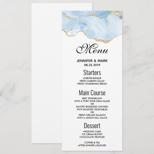 Menu Elegant Blue and Gold Agate Border Wedding Kaart (Voorkant / Achterkant)