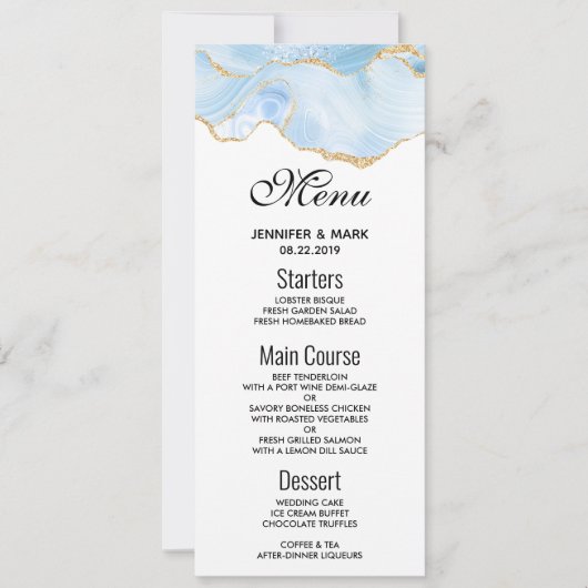Menu Elegant Blue and Gold Agate Border Wedding Kaart (Voorkant)