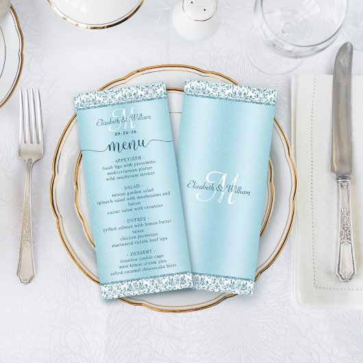 Menu Elegant Blue Damask Wedding