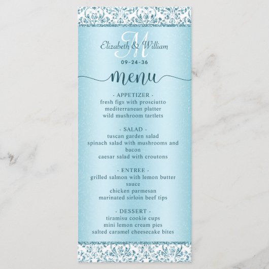 Menu Elegant Blue Damask Wedding (Voorkant)