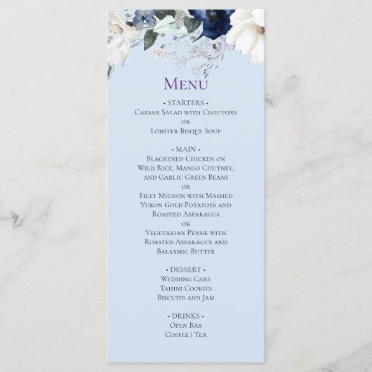 Menu Elegant Blue Floral Wedding (Voorkant)