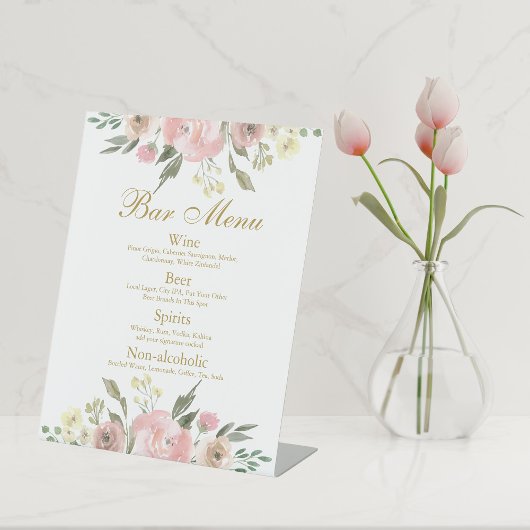 Menu Elegant Blush Pink Floral Gold Wedding Bar Reclamebord Met Voetstuk