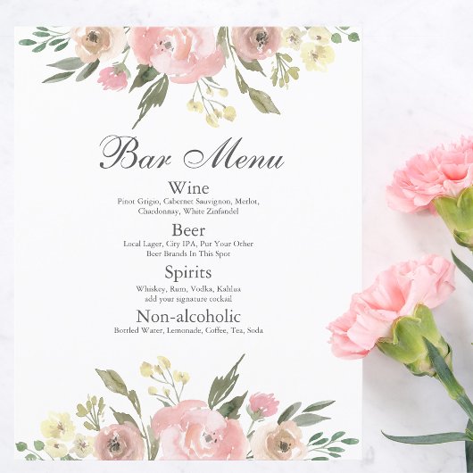 Menu Elegant Blush Pink Floral Wedding Bar
