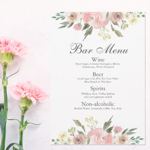 Menu Elegant Blush Pink Floral Wedding Bar Drinken