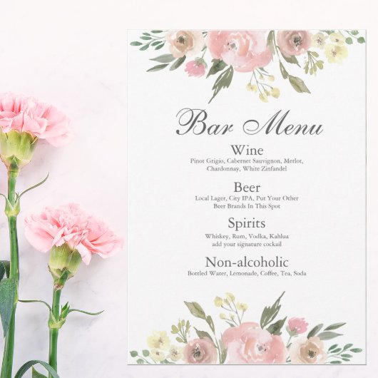Menu Elegant Blush Pink Floral Wedding Bar Drinken