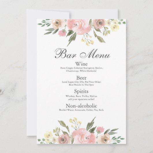 Menu Elegant Blush Pink Floral Wedding Bar Drinken (Voorkant)