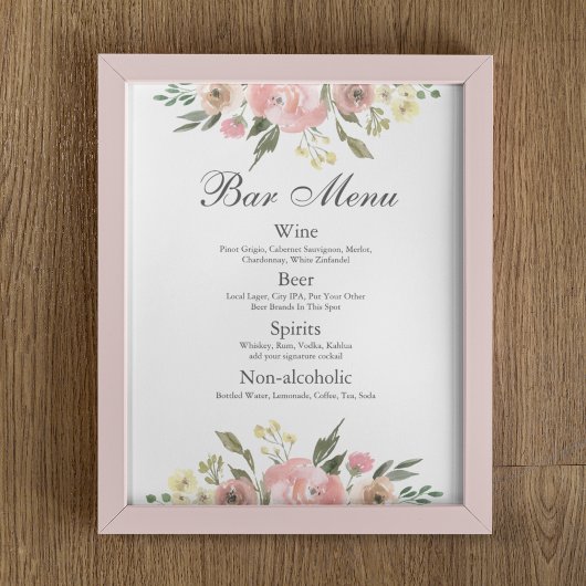 Menu Elegant Blush Pink Floral Wedding Bar Poster