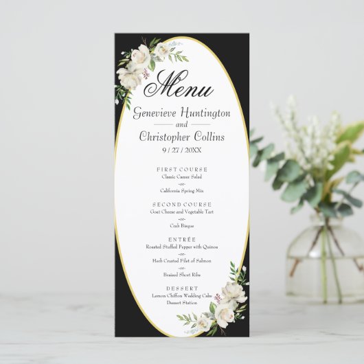 Menu Elegant Boho Black Floral Wedding (Staand voorkant)