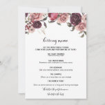 Menu Elegant Burgundy Summer Floral Kissing<br><div class="desc">Dit elegante woeste zomermenu met florale kus is perfect voor een moderne trouwreceptie. Het ontwerp is voorzien van prachtige bruine bordeaux handgetekende rozen,  die goed zijn geordend in aantrekkelijke lijsten en bouquets.</div>