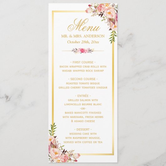 Menu Elegant Chic Pink Floral Gold Lijst Wedding (Voorkant)