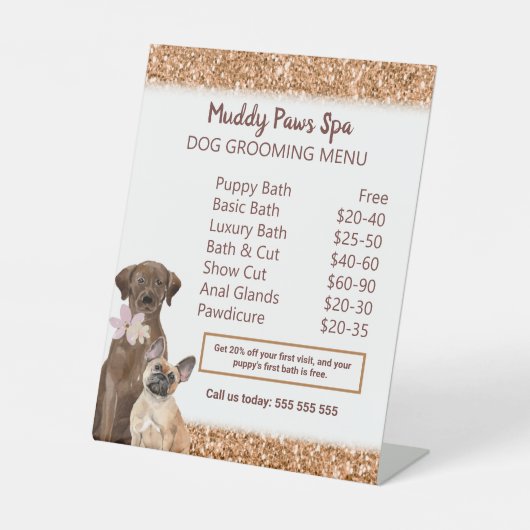 Menu Elegant Copper Glitter Dog Grooming Reclamebord Met Voetstuk (Voorkant)