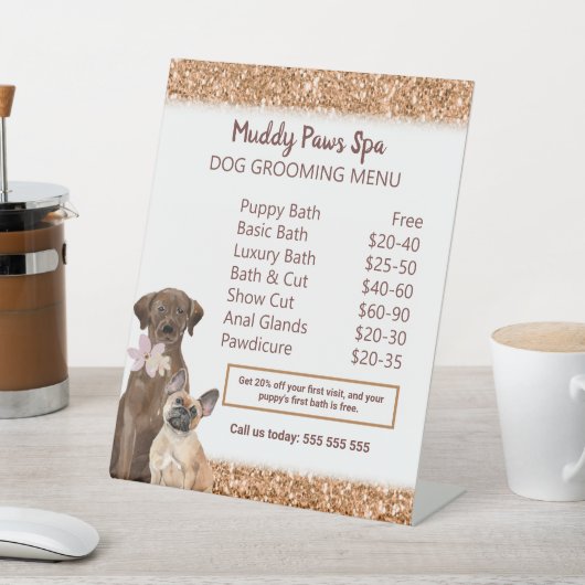 Menu Elegant Copper Glitter Dog Grooming Reclamebord Met Voetstuk (Insitu)